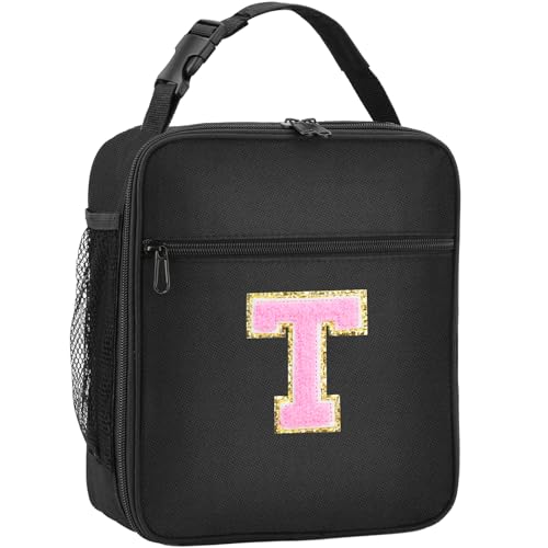 SANBADA Lonchera aislada con inicial, lonchera con parche de letra inicial para adolescentes y adultos, bolsa de almuerzo reutilizable para hombres y mujeres, regalo ideal para el regreso a la