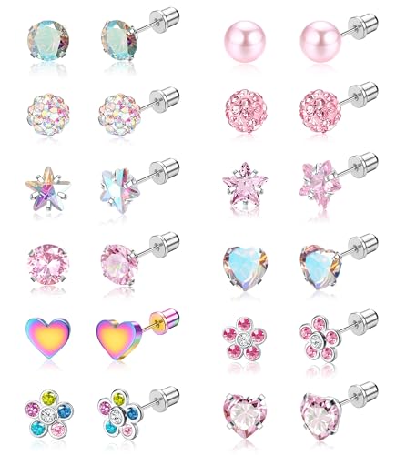 BESTEEL 12 Pairs Hypoallergenic Earrings for Girls Women Stainless Surgical Steel Screw Flat Back Stud Earrings Cute CZ Flower Tiny Screwback Studs Set Toddler Kids Baby 20G