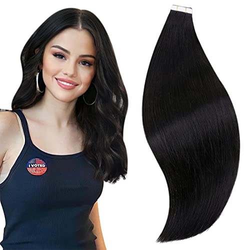RUNATURE Tape in Hair Extensions Human Hair 24inch Tape Hair Extensions Real Human Hair Black Invisible Remy Straight Tape Hair 20 Pieces/50G #1B