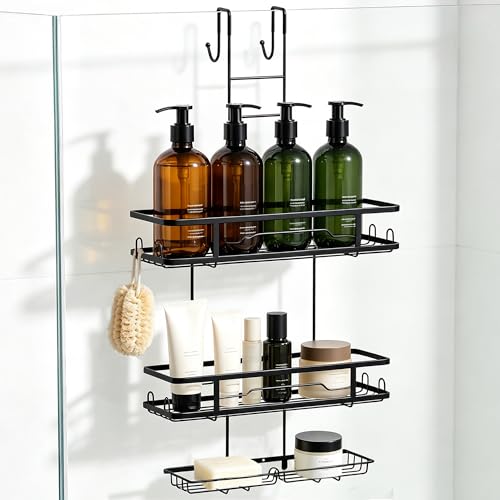 OMAIRA Over The Door Shower Caddy Hanging 3-Tier Shower Organizer Hanging with 8 Hooks & Soap Holder Height-Adjustable Rustproof Bathroom Shelf for Shower Door No Drilling Storage Rack Black