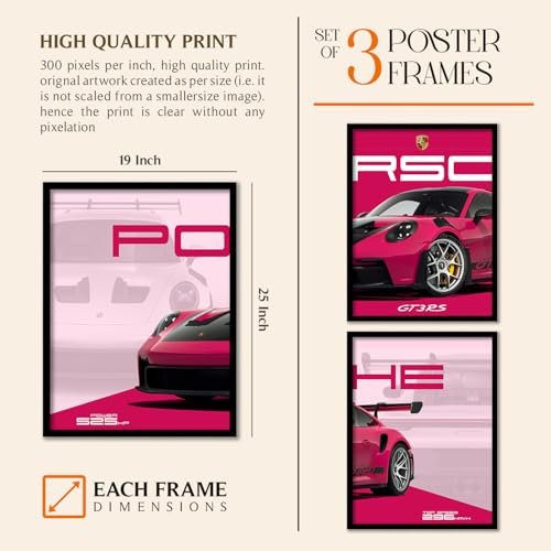 Image of ARTELLY Big Porsche 911 GT3rs Sports Car Framed Wall Posters, Set of 3, Premium Framed Painting, Living Room Bedroom Decoration, Large Size Gift Item for Boys Room Decor (Porsche 3, 19x25 inch)
