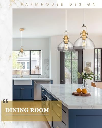 Image of 10.5 inch Gold Pendant Lights Kitchen Island, Seeded Glass Shade | Farmhouse Vintage Hanging Light for Dining Room, Clear Seeded Glass Shade, Adjustable Height, E26 Base, AD-22151-1PL-GD