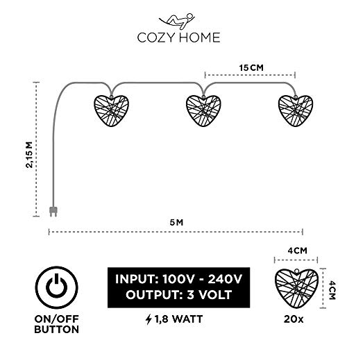 CozyHome LED Lichterkette Herz – 5m strombetrieben | 20 Herzen warmweiß | Led Herz Strom | Tumblr Deko für: Mädchen… – Bild 4