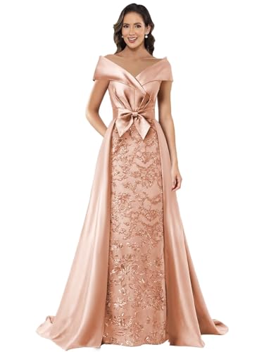 TORYEMY Off The Shoulder Mother of The Bride Dresses for Women Long Satin Sequin Formal Wedding Guest Dress with Train Bow