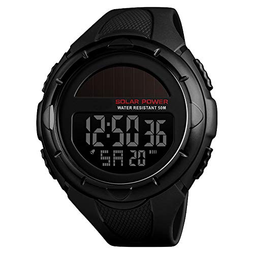 Alcadan Men's Sports Watches Solar Digital Led Face Backlight Multifunction Military Waterproof For Boys Wrist Watch 1405 (Black) #TOP2