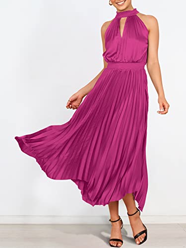 Anrabess Women's Sleeveless Cutout Halter Neck Satin Formal Dress Smocked Pleated Asymmetric Party Cocktail Maxi Dress Elagant Wedding Guest Evening Graduation Prom Dress 752Meihong-M Rose #TOP5