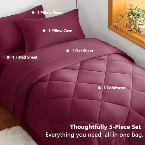 Image of CozyLux Twin XL Comforter Set Burgundy - 5 Pieces Twin Extra Long Bed in a Bag for College Dorm, All Season Bedding Set for Girls and Boys, Soft Bed Set with Comforter, Sheets, Pillowcase & Sham