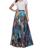 MedeShe Women's Chiffon Floral Print Elasticated Waist Maxi Skirt (Peacock Floral, Medium)