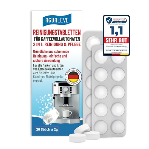 AGUALEVE® Reinigungstabletten 20 Stück (2 in 1: Reinigung + Pflege) | für alle Marken & Arten von Kaffeevollautomaten & Kaffeemaschinen, u.a. De’Longhi, Philips, Siemens, Saeco, Melitta, Miele