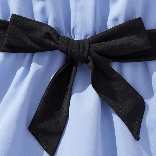 Image of Girls' Light Blue Ruffled Long - Sleeve Shirt with Black Belt and Black Leggings Set 7-13 Years