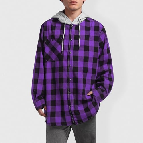 Mens Plaid Shirts Casual Long Sleeve Button Down Hoodies Preppy School Jackets Fall Fashion Color Block Hooded Sweatshirt Top3