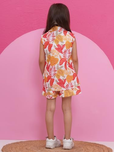 Image of AJ DEZINES Kids Clothing Floral Printed Pure Cotton Top Shorts With Jacket Cord Set for Girls