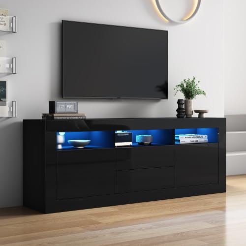 Merax 160 cm TV-Schrank mit LED-Beleuchtung, Hochglanz TV Board für 70 Zoll Fernseher, Push-to-Open Schubladen, 3 offene Fächer & Musiksteuerung, Smart App Steuerung für Wohnzimmer