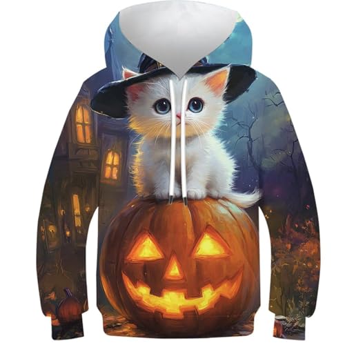 Sweat à capuche unisexe motif 3D sorcière et citrouille avec poches pour enfants