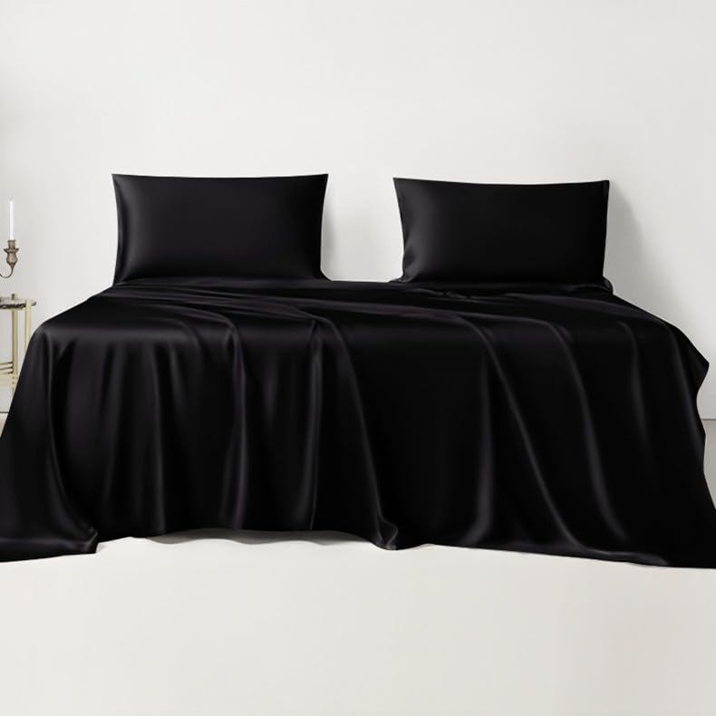 LINENWALAS Double Bed Sheet Set, 300 Thread Count, 100% Bamboo Bedding, Cooling Silk Black With 1 Fitted Sheet