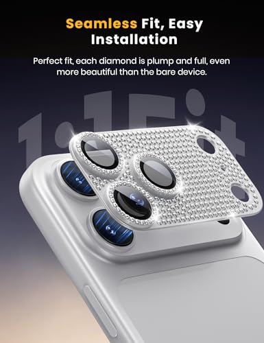 Image of Hoerrye Bling Diamond Camera Lens Protector for iPhone 17 Pro Max - [1:1 Full Coverage][Strong Adsorption] 9H+ Tempered Glass Screen Protective Cover Case Friendly,Glitter Silver