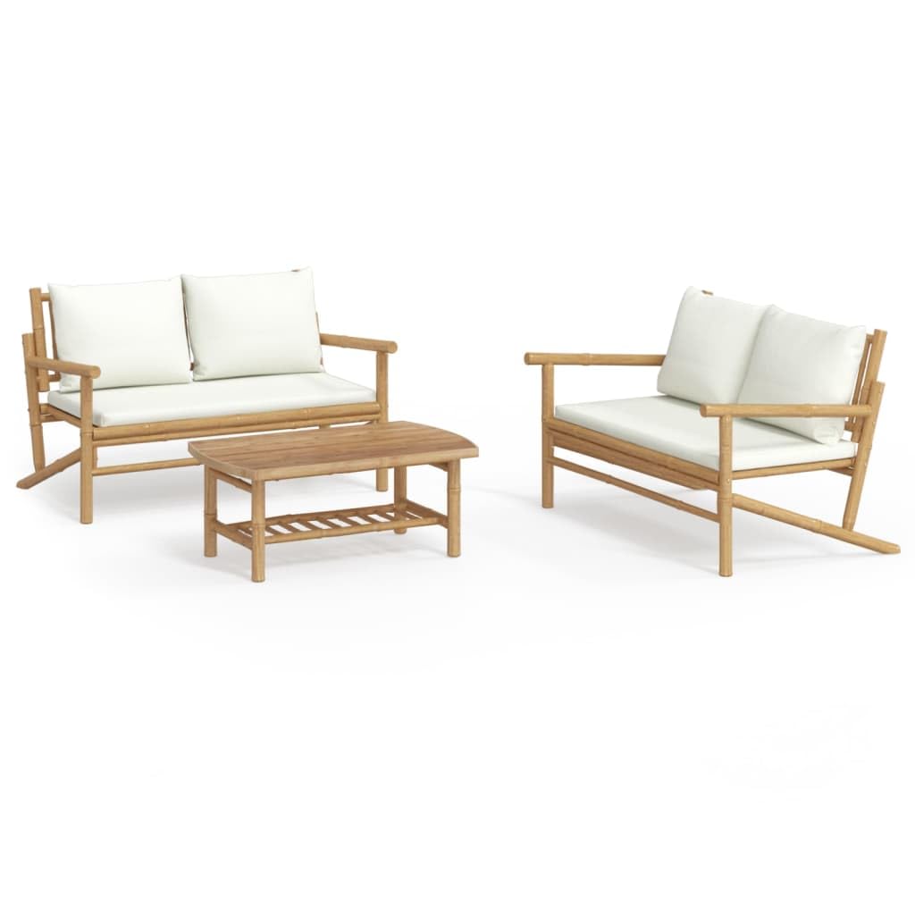 Juego de muebles de jardín de bambú de 3 piezas con cojines de asiento y respaldo de color crema, incluye práctica mesa para comer y beber, sofá modular para exteriores con reposabrazos