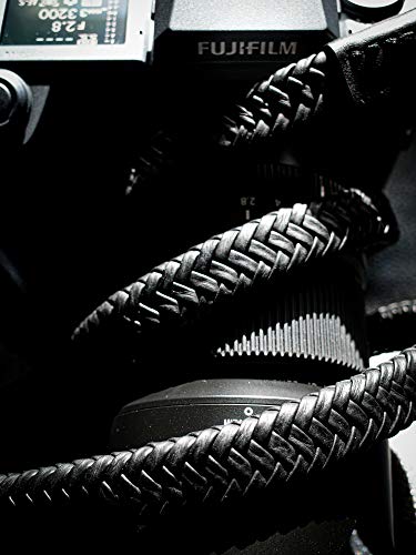 Vi Vante "Matador Noir Leather Camera Strap Black 12 Strand Braided Top Grain Italian Leather W/ Electroplated Mounting Rings, Built In Side Protection & Branded Carry Pouch #TOP5