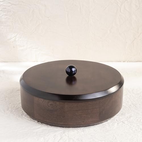 Image of Handcrafted Wooden Spice Box with Lid - Round Masala Dabba Organizer with 7 Stainless Steel Containers for Spices, Condiments & Kitchen Storage