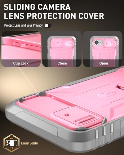 Image of Poetic Revolution Case for iPhone 16e 6.1 inch, [Slide Camera Cover], Full-Body Military Grade Rugged Shockproof Cover with Kickstand and Built-in-Screen Protector, Pink