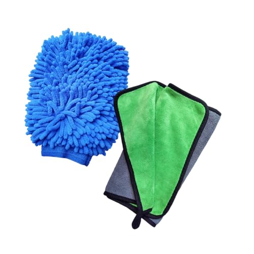 HeGangLy Towels and Car Wash Mitt Set - Chenille Mitt, Polishing Waxing Drying Auto Cloth, Home Cleaning Towel - Tools for Car and Home (Grey-Green/Blue)