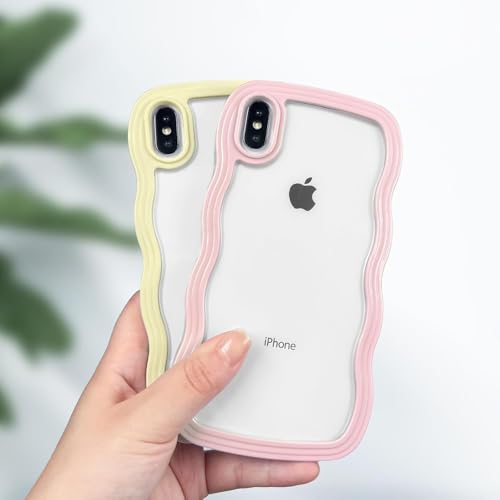 Image of GoldKart iPhone Xs Max Case Wavy Edge Clear Back Design, Anti-Slip Grip Cute Wave Curly Frame Shape Shockproof Soft TPU & Hard PC Bumper Protective Phone Case Cover for Women Girls - Pink