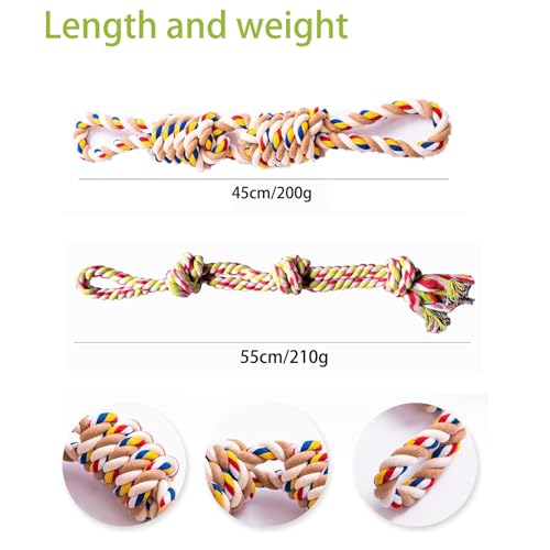 7WUNDERBAR Hund Seil Kauspielzeug Set - 2 Stück Spielzeug 55cm aus Baumwollseil, 3 Knoten Tau Zerrspielzeug Unzerstörbar für Mittlere und Kleine Hunde