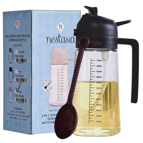 Image of Nestasia 2 in 1 Oil Sprayer & Dispenser Glass Bottle for Kitchen (470ml) - Vinegar & Olive Oil Bottle with Measuring Spoon for Healthy Cooking, Salad Dressing, Air Fryer, BBQ & Grilling (Black)
