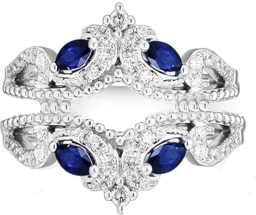 Round Cut Simulated Blue Sapphire & Diamond 925 Sterling Silver 14K White Gold Finish Diamond Miligrain Enhancer Wedding Wrap Ring Guard for Women's