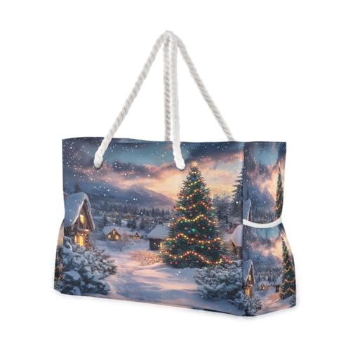 Large Beach Bags Totes Canvas Tote Shoulder Bag Christmas Tree at Night Water Resistant Bags for Gym Travel Daily