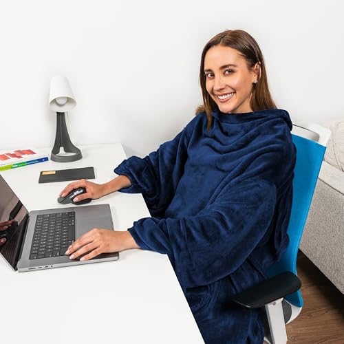 PAVILIA Wearable Blanket with Sleeves for Adult Women Men, Cozy Fleece Warm Wrap Throw Blanket with Arms, Pocket, Gifts for Christmas, Wife, Navy Blue - Thumbnail 4