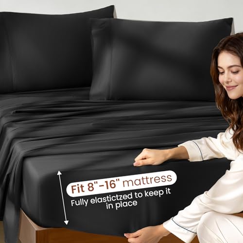 Image of 100% Egyptian Cotton Sheet Set 4 Pcs Queen Size Sheets 1000 Thread Count Breathable Soft Bedding Set Fitted Sheet with 16 inch Deep Pocket (Queen, Black)