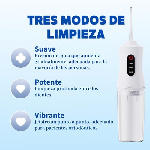 Hydropulseur dentaire portable blanc avec 4 buses et câble de recharge