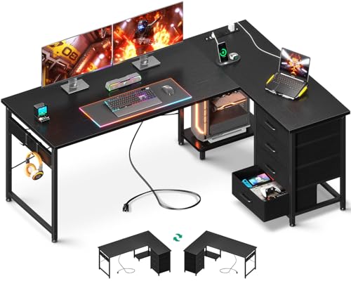 AODK L Shaped Gaming Desk with 4 Drawers, 61' Reversible Home Office Desks with Power Outlets, L...