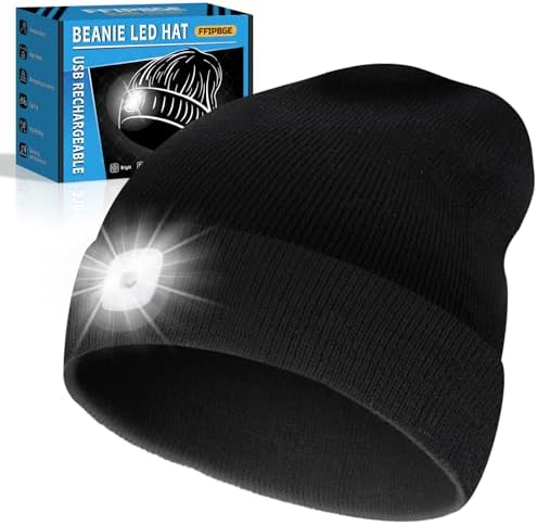 Gifts for Him, Beanie Hats with Light, USB Rechargeable LED Hand Free Headlamp, Fathers Day Dad Gifts, Birthday Gifts for Men, Women, and Teens, Ideal for Camping, Hiking, Black