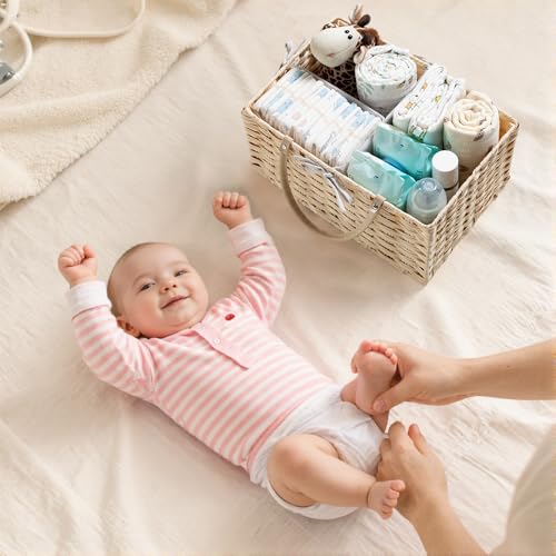 Image of HBlife Diaper Caddy Organizer, Washable Waterproof, Portable Plastic Wicker Woven Basket with Divider, Nursery Diaper Station, Baby Shower Gifts Basket & Car Organizer