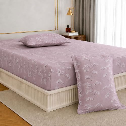 Image of Jaipur Weaves Queen Size Fitted Bedsheet Cotton with Elastic, 100% Pure Cotton Double Bed Fitted Sheet with 2 Pillow Covers, 240 TC,60x78 Inches up to 8-inch Mattress,Floral Design(Pink, Queen Fitted)