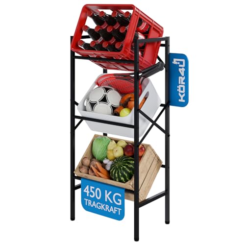 kör4u Getränkekistenregal Schwarz für 3 Kisten - Robustes Stahlregal mit 450 kg Tragkraft - Platzsparender Getränkekistenhalter für Keller Küche & Vorratsraum