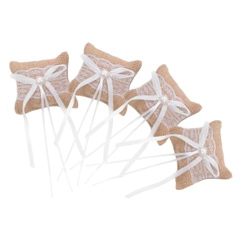 KOMBIUDA 4pcs Burlap Lace Wedding Ring Pillow Elegant Rustic Cushion for Engagement Proposal Photography and Ceremony Decoration Secure Display for Wedding Rings