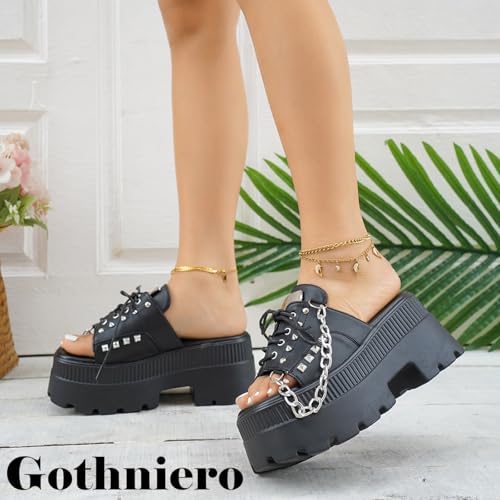Image of Gothniero women black platform sandals goth chunky wedge heel summer sandals girls gothic punk platform sandals for women metallic spider buckles slides size 5.5-11
