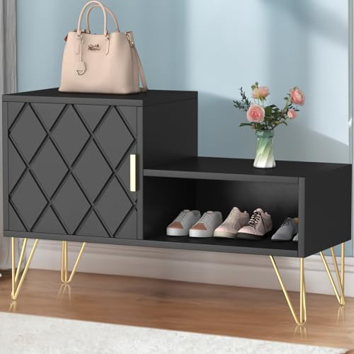 yoyomax Banco de almacenamiento con 2 compartimentos y estante ajustable, soporta hasta 350 libras zapatero para entrada/pasillo (30 pulgadas, negro)