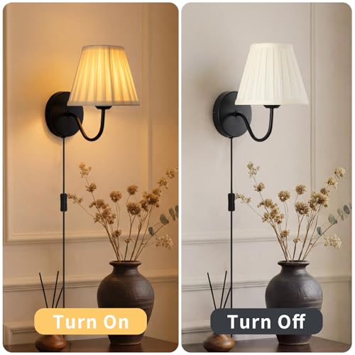 Image of Plug in Wall Sconces with White Fabric Shades, Black Wall Sconces Set of Two, Modern Wall Lighting Fixture with On /Off Switch, Indoor Corded Wall Lamp for Bedroom, Living Room, Hallway, Bedside
