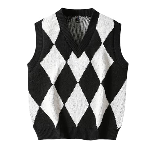 Men's Plaid Sweater Vest V-Neck Sleeveless Sweater Vest Campus Pullovers Classic Fit Tank Tops