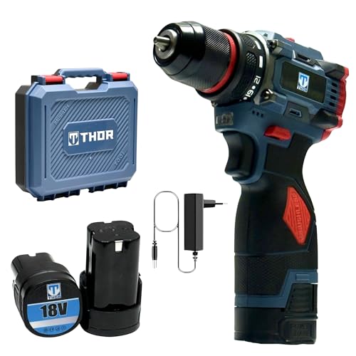 Image of THOR 18V Brushless Cordless Drill Heavy Duty | 2x 18V Batteries, 60Nm Torque, 10mm Chuck | 2-Speed (0-350 /1150 RPM), Torque Adjustment, LED | Professional Power Tool for Home /Workshop