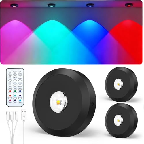 JVURICE Vitrinenbeleuchtung Led,30 Farbwechsel Schrankbeleuchtung Led Spot Akku USB Aufladbar Mini 180H Energiesparend Magnet Unterbauleuchte Küche Schrankbeleuchtung Mit Timer (3PCS-RGB)