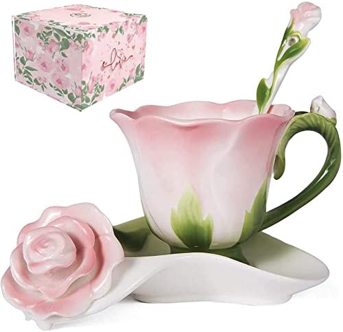 ONEUSTAR Tea Cup and Sauce Set for 1 Ceramic Hand Crafted Rose Flower Shaped Coffee Cup for Valentine's Day, Mother's Day, Birthday, Wedding Gift 7 Oz