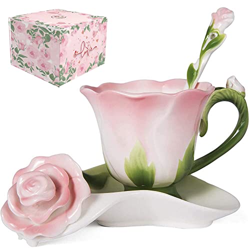 Oneustar Tea Cup And Sauce Set For 1 Ceramic Hand Crafted Rose Flower Shaped Coffee Cup For Valentine's Day, Mother's Day, Birthday, Wedding Gift 7 Oz #TOP3