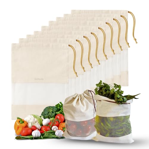 Image of Solitude Set of 9 Cotton Vegetable Bags for Fridge Storage, Reusable Washable Muslin Cloth Produce Bags with Drawstring, Eco Friendly Kitchen Storage Bags for Fruits and Vegetables