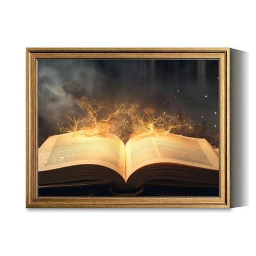 Vintage Framed Wall Art An open magical book Generative Canvas Paintings Wall Decor Pictures Posters Prints for Living Room Bathroom Bedroom Kitchen Artwork