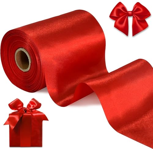 LATERN 20M Cinta de Satén Navideña, 10.2CM Ancho Cinta de Satén Gruesa Cinta Grande de Tela Lisa para Navidad Regalos Envoltura Árbol Bricolaje Corona Lazo Navideño Fiestas Decoración (Rojo)